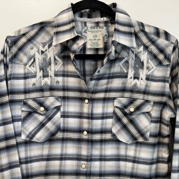Panhandle Rough Stock‎ Western Shirt Aztec Embroidery Plaid Long Sleeve XS - Picture 1 of 6